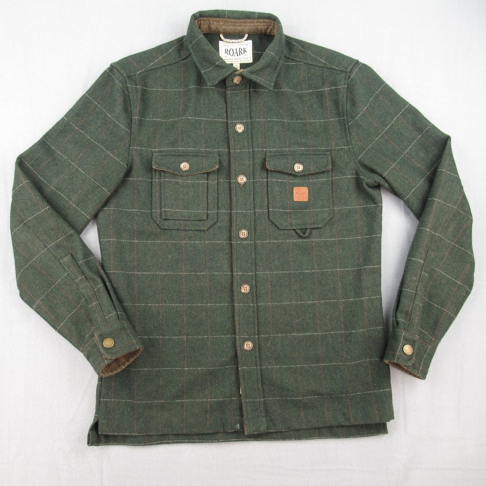 Roark Flannel Shirt Jacket Mens Small Green Plaid Wool Blend Herringbone